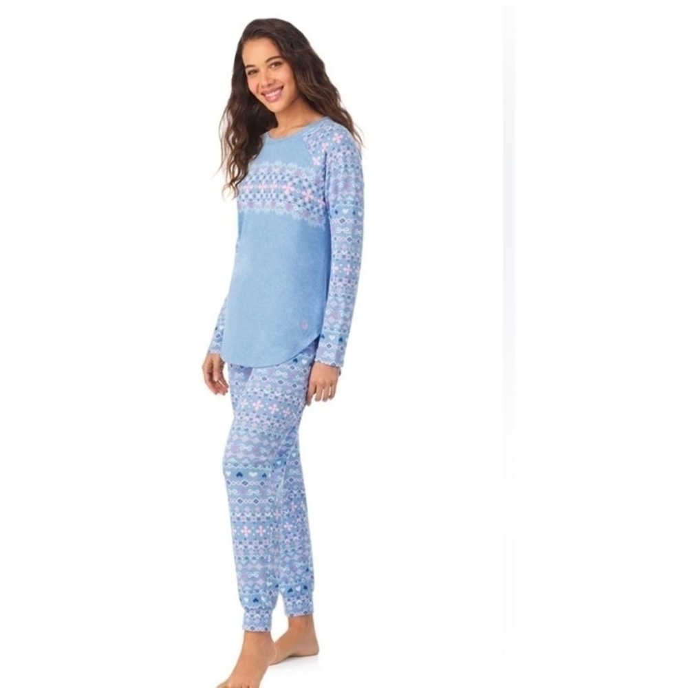 Cuddl Duds Womens 2 Piece Pajama Set Blue Fair Isle Heart Bow Fleece XL NWT
